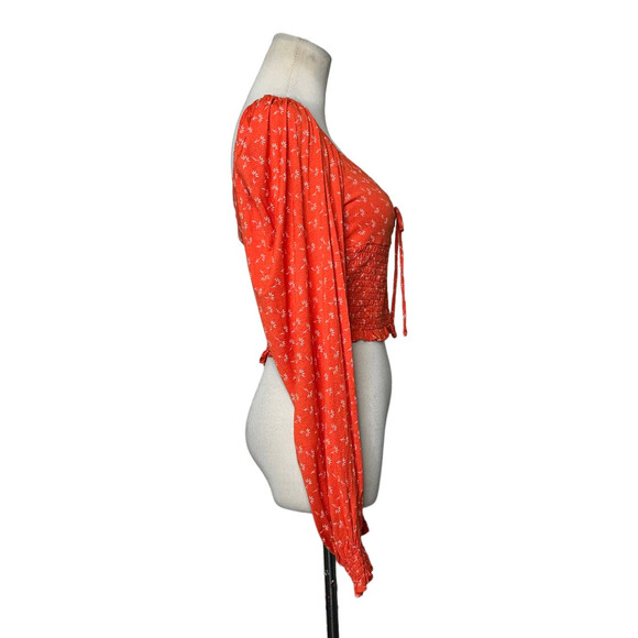 Urban Outfitters Floral Cropped Smocked Puff Long Sleeves Peasant Top size Large - Picture 4 of 11